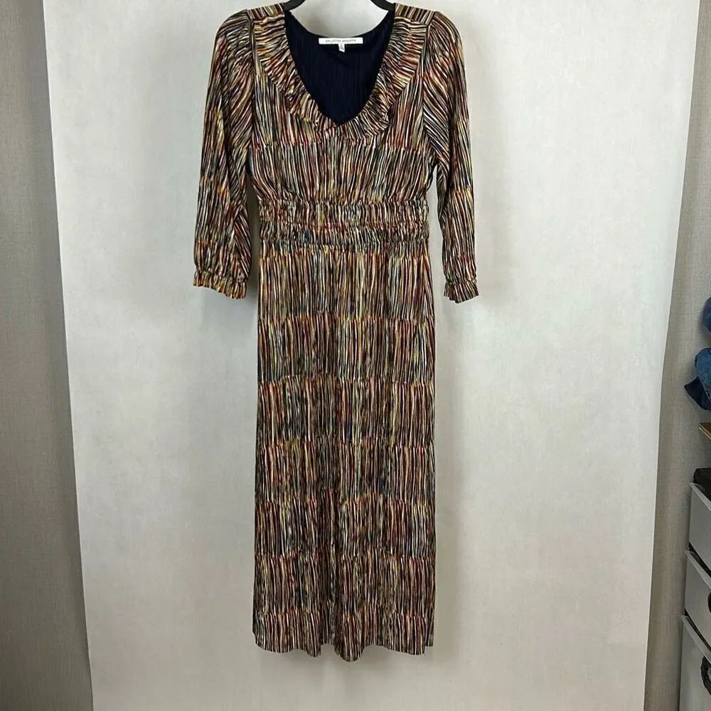 Collective Concepts Multicolor Dress Sz Small Midi V-Neck Ruffle 3/4 Sleeve Line